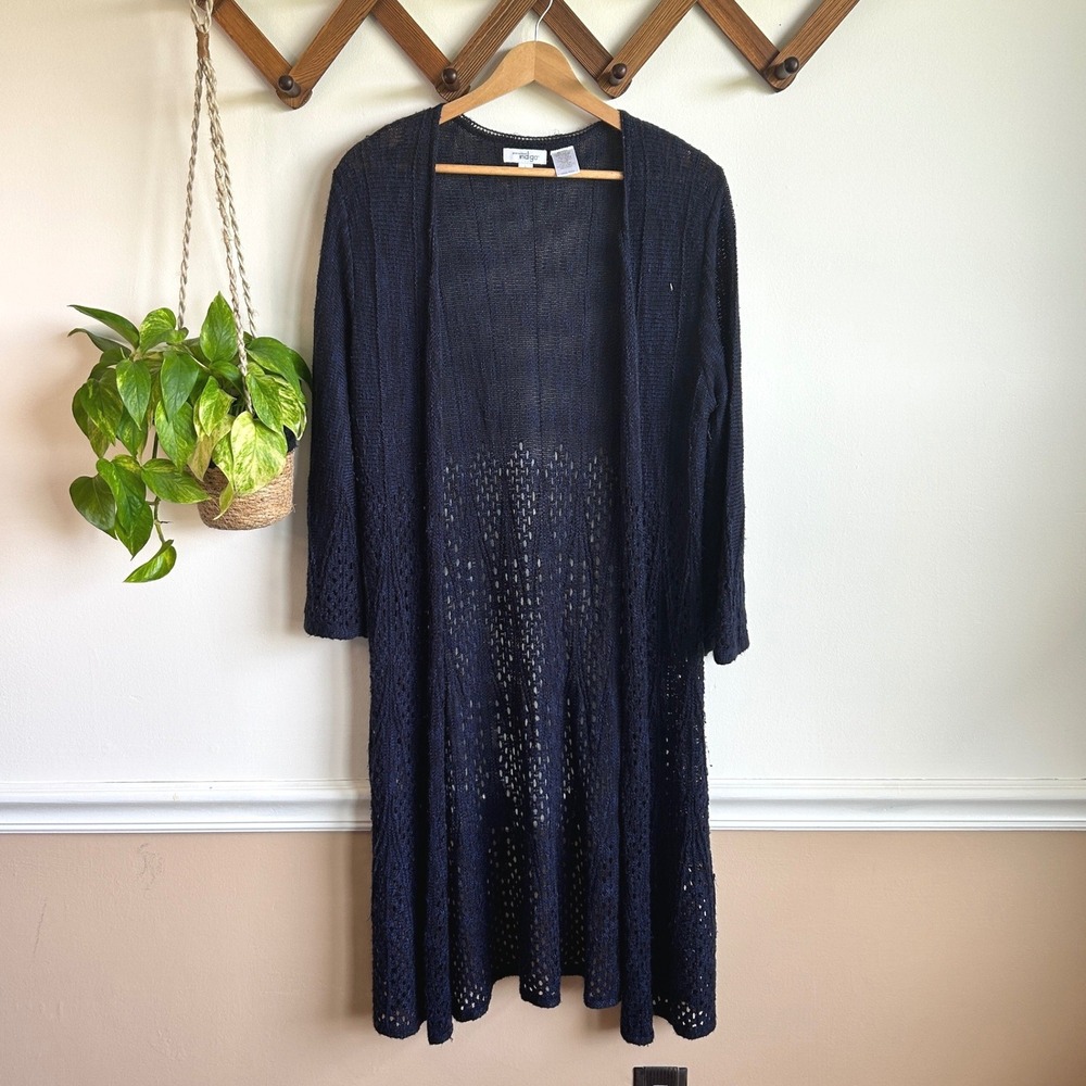 Indigo Navy Blue Longline Pointelle Knit Duster Cardigan Open Front Sweater